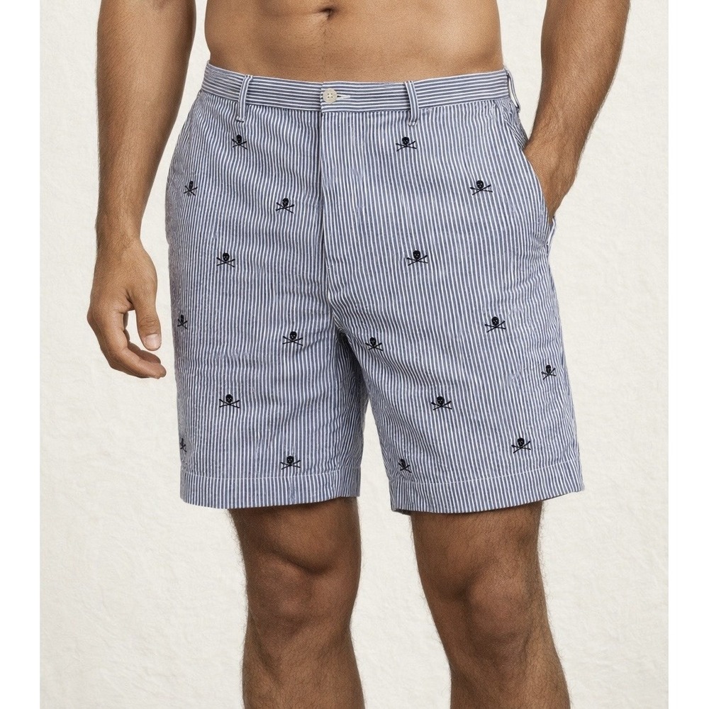 Polo Ralph Lauren Shorts Mens 40 Blue White Striped Seersucker Skull Crossbones